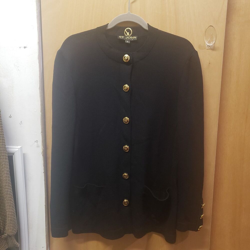 St. John Gold Button Down Black Cardigan Sweater Santana Knit Sz Med FFF